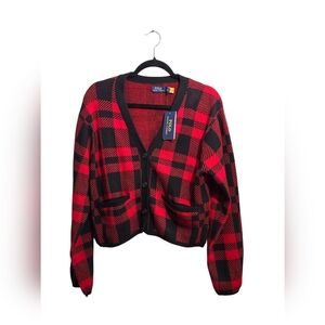 Polo Ralph Lauren Black Tartan Plaid Wool Cropped Cardigan Red V-Neck Women Sz L
